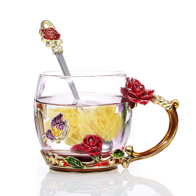 Glass Cup Innovative Flower Tea Cup with Spoon Drink Mug