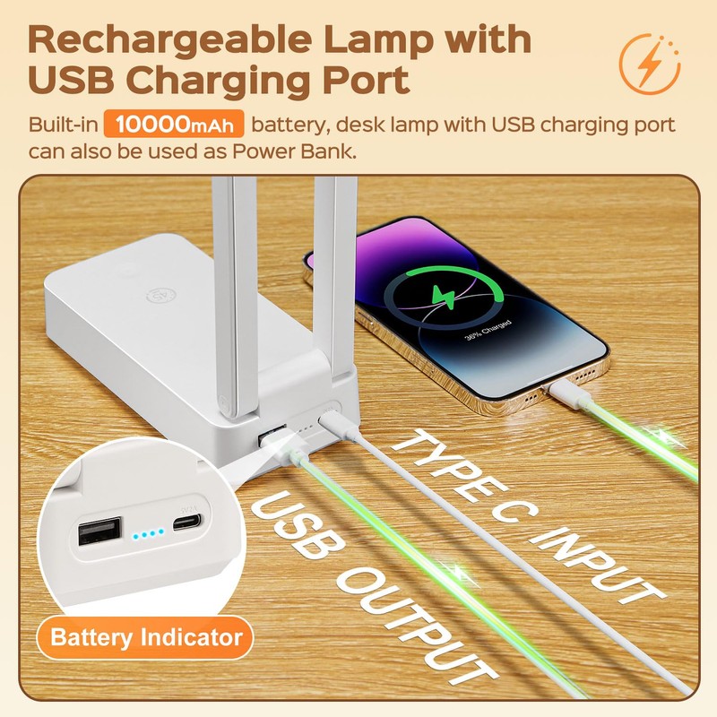 Small Desk Lamp,10000mAh Battery Operated Lamp,3 Colors+Dimmable Desk Light,LED Desk