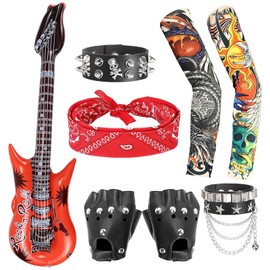 8 Pieces Punk Gothic Rocker Kit, 70s 80s 90s Heavy Metal Rock Costume, Rock Star Costume Men with Sleeves, Bandana, Gloves, Rings, Bracelet
