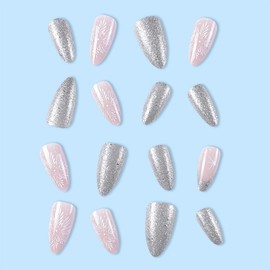 JUSTOTRY 24 Pcs Christmas Press on Nails Short Almond,Silver False Nails with Snow Designs,Pink Oval Stick on Nails for Women,Festival French Fake Nails Medium for Nails Art Gifts