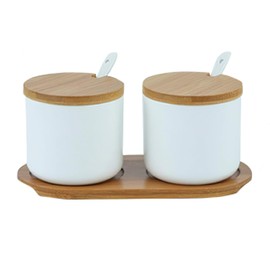 Yhuasia Sugar Bowl with Lid, Salt Jar, White Sugar Bowl with Spoon, Spice Jars with Spoon, Ceramic Jar with Attached Spoon and Lid Made of Bamboo (Two White)