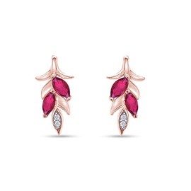 Marquise Cut Simulated Ruby & White Natural Diamond Accent Wheat Leaf Drop Earrings for women In 14K Rose Gold Over Sterling Silver