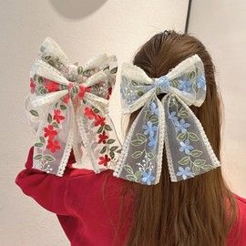 LLAOIMB Flower Hair Bows White Hair Bow Lace Hair Bows Clip with Blue Embroidered Flowers Leaf Cute Bowknots Hair Barrettes Exquisite Long Ponytail Hair Clips Floral Ribbon Hair Accessories for Women