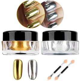 Nail Powder Hisight 2 pcs Nail Art Mirror Glitter Chrome Pigment Powder Dust Nail Sequins Gold Silver Color Nail Art Tools with Sponge Stick ×2 (Silver Gold)