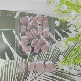 Press on Nails Short Square Fake Nails White French Tip Nails Press ons Glossy Glue on Nails Nude False Nails with Flower Designs Spring Acrylic Nails Daily Wear Simple Stick on Nails for Women 24Pcs