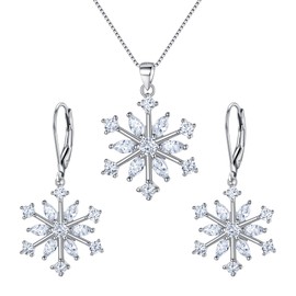 EVER FAITH Snowflake Jewerly Sets Sterling Silver Winter Accessory Sparkle White Zircon Flower Necklace Leverback Earrings Set
