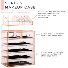 Sorbus Clear Cosmetic Makeup Organizer - Make Up & Jewelry Storage, Case & Display - Spacious Design - Great Holder for Dresser, Bathroom, Vanity & Countertop (4 Large, 2 Small Drawers) [Pink]