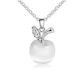 Apple Pendant Necklace with Austrian Crystals Simulated White Cat Eye Stone 18 ct White Gold Plated for Women 18"
