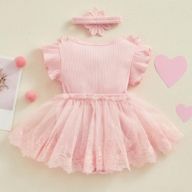 UUAISSO Baby Girl Summer Clothing Lace Romper Strawberry Print Sleeveless Bodysuit Dress Headband Sets Newborn Outfits, pink