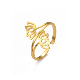 LIKGREAT Lotus Ring Stainless Steel Adjustable Ring Healing Inspiration Lotus Flower Jewellery For Women (Gold)