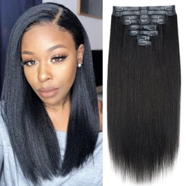 Mihugass Seamless PU Yaki Straight Clip in Hair Extensions Real Human Hair For Women Invisible Yaki Straight Clip ins (12inch,#1B)