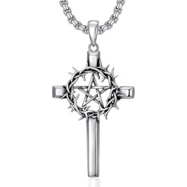 HARMONY BOLA Pentagram Cross Necklace 925 Sterling Silver Crown of Thorns Pendant Necklace Cross Jewellery for Men Women