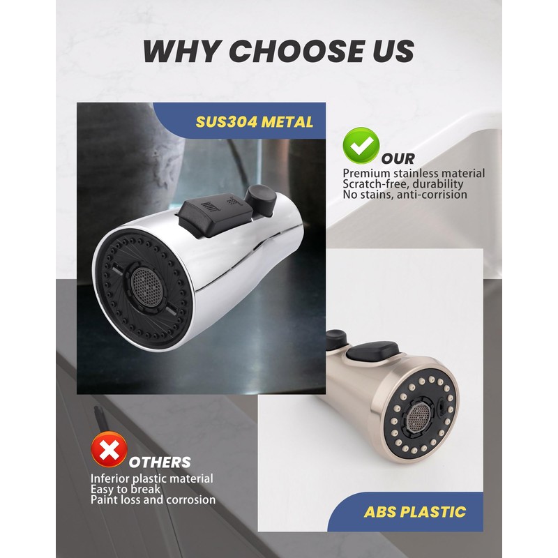 Metal Kitchen Faucet Head Replacement: 3-Function Pull Down Spray Nozzle