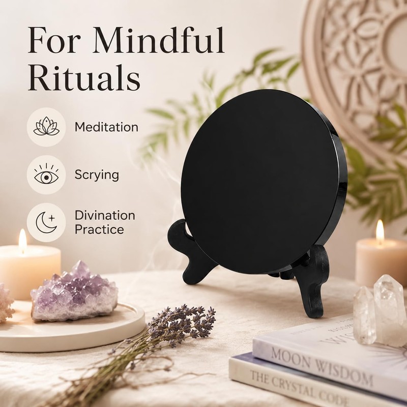 2 Pcs Black Obsidian Scrying Mirrors with Stands, 3.9 in