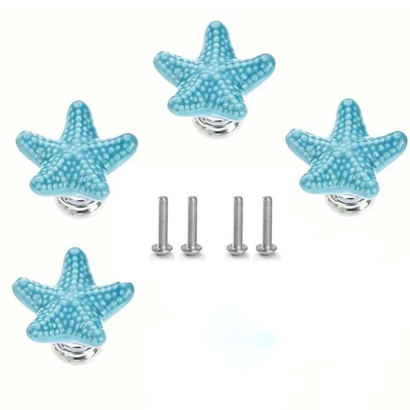 Seaside Themed Starfish Drawer Knobs Set of 4, 3.4cm Blue