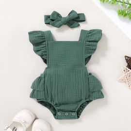YOUNGER TREE Toddler Baby Girl Ruffled Sleeveless Romper Casual Summer Jumpsuit Cotton Linen Clothes (Ruffle Romper Green, 12-18 Months)