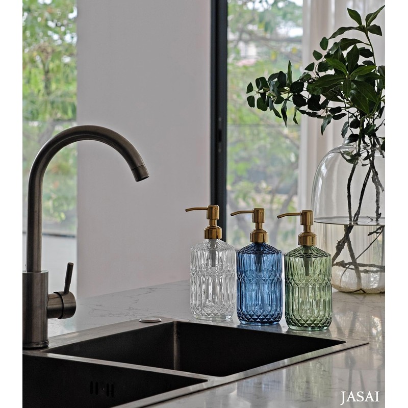 JASAI 18Oz Blue Glass Soap Dispenser with Golden Pump, Refillable