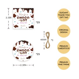 50pcs Chocolate Thank You Tags, Choco-Lot for All You Do Gift Tag with String for Grad Party, Round Thank You Paper Tags for Teacher Staff Birthday/Teacher Appreciation Party Favors