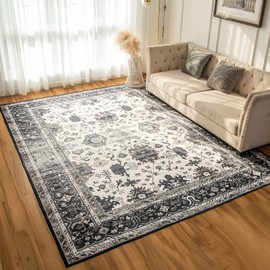 VK VK·LIVING Washable Rug 6x9 Area Rug for Living Room Bedroom Rug Lightweight Large Area Rug Thin Vintage Rug Non-Slip Machine Washable Rug for Dining Room Home Kitchen, Darkgrey