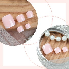 Press on Toe Nails White French Tip Fake Toe Nails with White Stripe Designs Short Square False Toenails Full Cover Nude Pink Stick on Toe Nails Glue on Toe Nails for Women and Girls 24Pcs