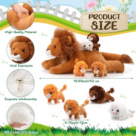 Honoson 5 Pcs Lion Plush Set Large Lion Stuffed Animal with 4 Cute Baby Lions in His Zippered Back Soft Cuddly Lion Plushie Boys Girls Birthday Favors Gifts Forest Party (Lying Lion,16.93 Inch)