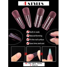 EBANKU 96PCS Poly Gel Nail Forms, Reusable Dual Forms for Polygel Pink Matte Stiletto Almond Square Nail Mold Acrylic Extension Tool for Home Salon Manicure, 4 Styles