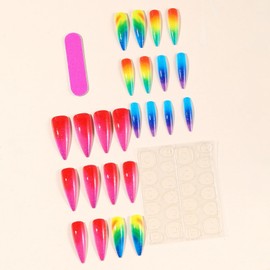 Long Press on Nails Stiletto Fake Nails Gradient False Nails Colorful Artificial Nails XL Nails Glitter Glue on Nails Ombre Stick on Nails for Women 24pcs