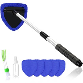 Baderke 8 Pcs 24 Inch Windshield Cleaner Tool Kit Include Car Window Cleaner with Extendable Handle 5 Microfiber Bonnets 1 Car Ventilation Brush 1 Empty 50ml Spray Bottle Glass Wiper Kit(Blue)