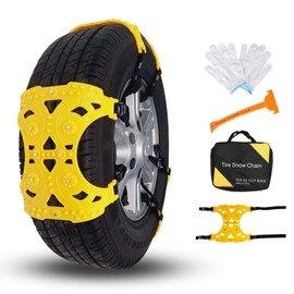 Jeremywell 6 PCS Tire Security Universal Snow Chains for Two Tires- Quality Strong Durable All Season Anti-Skid Car, SUV, and Pick Up Patterned Tire Chains for Emergencies and Road Trip