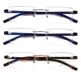 V.W.E. 3 Pairs Lightweight Rimless Reading Glasses Metal with Flexi Temple - Rectangular Anti Blue Blocker Reader (2 BlueGrey 1 Tort, 2.50, multiplier_x)