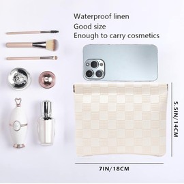 Leather Pocket Cosmetic Bag for Purse,Coin Purse Lipstick Cosmetic Accessories Organizer, Travel Kit Storage Pouch,Waterproof Portable No Zipper Self-Closing Small Makeup Pouch for Women（White）