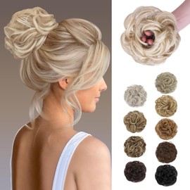 MORICA 1PCS Messy Hair Bun Hair Scrunchies Extension Curly Wavy Synthetic Chignon Hairpieces for Women (Natural Blonde & Lightest Blonde)