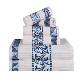 Superior 6-Piece Cotton Towel Set, Decorative Greek Pattern, Home Essentials, Absorbent Towels, Bathroom Decor, Spa, Resort, Includes 2 Hand, 2 Face and 2 Bath Towels, Athens Collection, Ivory-Navy