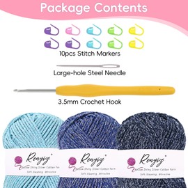 Crochet Yarn for Beginners – 3x50g Hollow Shiny Silver Cotton DK Yarn with 3.5mm Hook and Tools – Soft Sparkling for Knitting, Amigurumi & Granny Squares (Light Blue+Blue+Dark Blue)