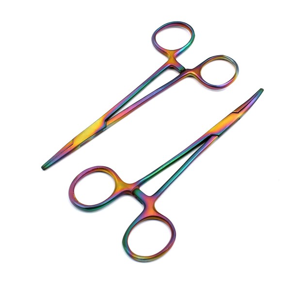 OdontoMed2011 Set of 2 Multi Color Rainbow Mosquito Hemostat Forceps 5" Straight & Curved Pliers Stainless Steel Multi Color Rainbow Color Hemostat Forceps ODM