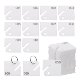 sourcing map 50 Pcs Number Tags 1-50, 1.5" Plastic Hanging Slotted Key Tags with Rings White Square Hanging Tag Numbered Keychains for Dormitory Keys House Lockers Cabinets Boxes Lockers