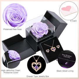 FOHEEL Valentines Day Gifts Forever Preserved Rose Love Box Regalos Para Mujer Eternal Roses Necklace Earring Birthday Anniversary Regalos (Purple Pink)