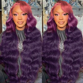 30 Inch Pink Ombre 13x4 HD Lace Front Wig Human Hair Body Wave 3 Tone Pink to Purple Glueless Wigs Dark Pink Root Rainbow Colored Lace Frontal Wig 180% Density