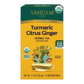 VAHDAM, Organic Turmeric Citrus Ginger Herbal Tea (18 Count) Caffeine Free, Gluten Free | 100% Pure Herbal Blend - Citrusy & Savory | Eco-Friendly Individually Wrapped Tea Bags | Direct From Source