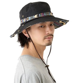 Hat-1263 Happy Hat, Loose Fit, Approx. 23.6 inches (60 cm), Tyrolean Pattern, 2-Way Safari Hat, Black