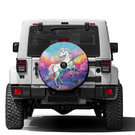 Delerain Spare Tire Cover with Backup Camera Hole White Unicorn Rainbow Wheel Covers Waterproof Dust-Proof UV Sun Universal Fit for RV Trailer RV SUV Truck (17 Inch for Diameter 31"-33")