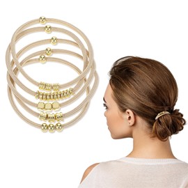 Qianyu 5PCS Gold Boho Hair Ties Bracelet Beads Elastic Ponytail Holders Trendy Fancy Scrunchies No-Damage Hairtie Cute Style Hair Decorative Accessories for Women Girls Thick Thin Curly Hair Wrist