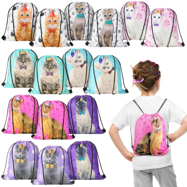 16 Pcs Cat Party Favor Bags Cat Drawstring Bags Cute Cat Themed Backpack Cat Gift Goodies Candy Treat Bags Supplies for Kids Birthday Party Decorations