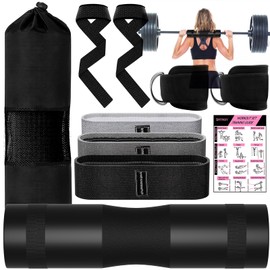 9 PCS Barbell Pad Set for Squat, Hip Thrusts Pad for Squats,Bench Press with Barbell Pad, 2 Gym Ankle Straps,3 Hip Resistance Bands,Lifting Strap,Workout Poster Gym Equipment Accessories（Black）