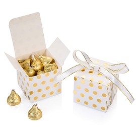 AWELL White Gift Candy Box Bulk with Gold Dots 2x2x2 inches with Ribbon Party Favor Box, Gold Dots, Pack of 50