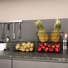 SANNO Freezer Basket Stackable Wire Baskets For Pantry Storage and Organization Pantry Storage Bins With Handles Sturdy Metal Food Baskets Pantry Organized,set of 8,Black