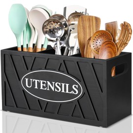 Large Utensil Holder for Kitchen Counter, Wood Utensil Organizer with 3 Compartments, Black Cooking Utensil Caddy with Removable Divider, Utensils Storage Organizer for Farmhouse Kitchen Decor