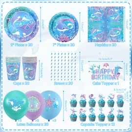 Dolphin Party Decorations Including Backdrop Banner Plates Cupcake Toppers Napkins Cups Tablecloths Dolphin Birthday Baby Shower Party Supplies (Background)