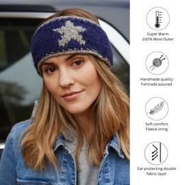 Pachamama Women Wool Ear Warmer Headband Fleece Lined Handknitted Star Design One-Size Handmade Fair Trade (Navy)
