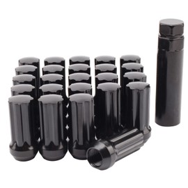 Set of 24, 14mmx1.5 XL Spline Wheel Lug Nuts for 6 Lug Aftermaket, Conical Bulge Seat, Closed End W/ 1 Socket Key, Black